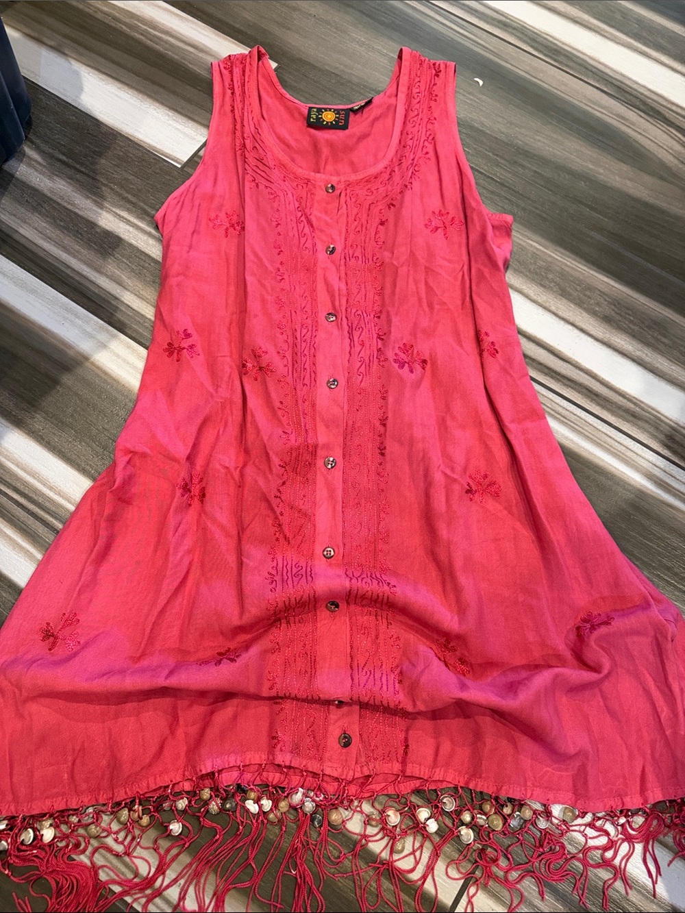 raya sun Pink Embroidered Fringe Button-Front Midi Dress
